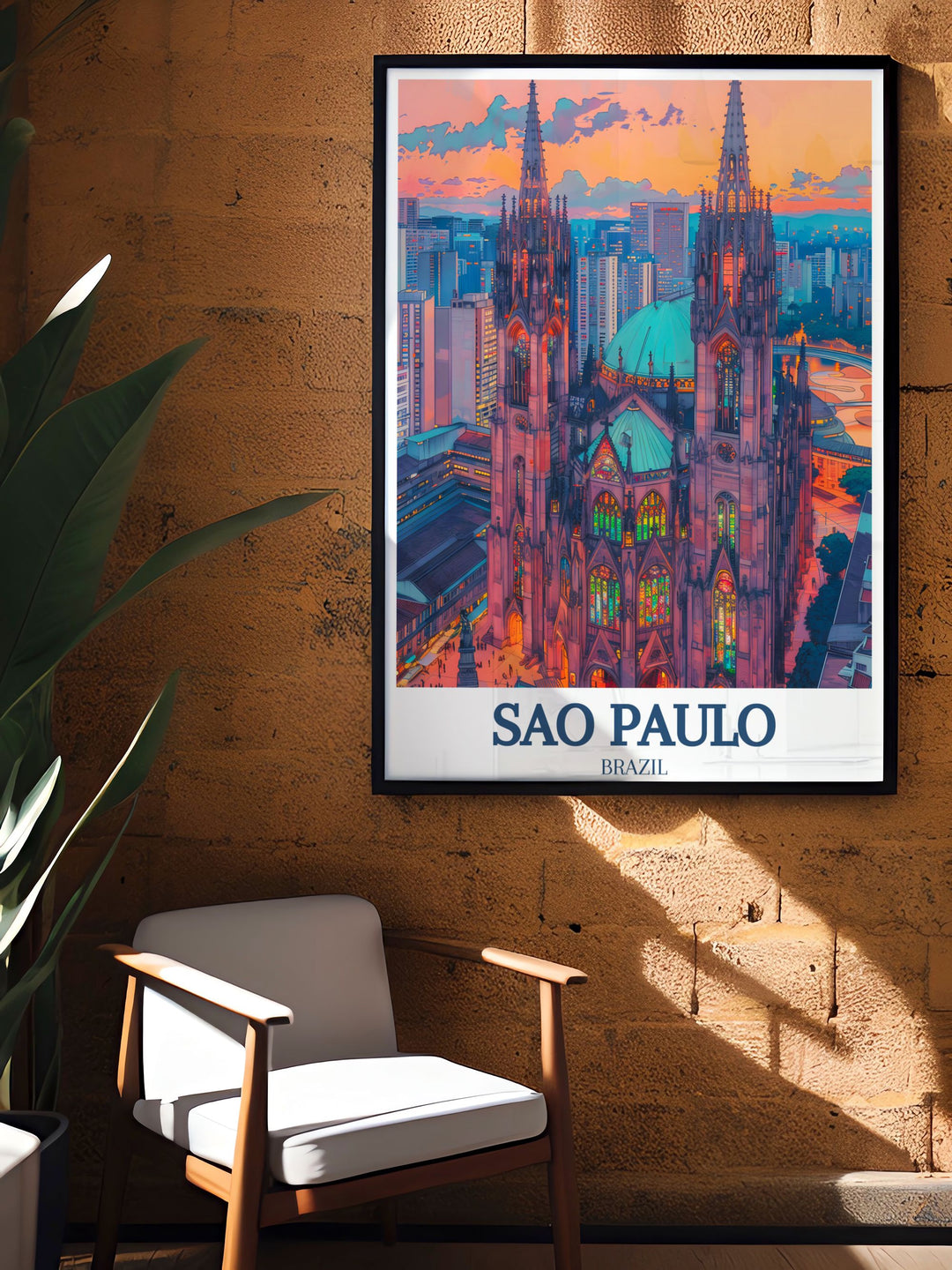 A travel poster showcasing São Paulos architectural jewel, the São Paulo Cathedral, situated in the historic Praça da Sé square. The detailed artwork brings the grandeur of this Gothic structure to life, capturing the spirit of one of Brazils most iconic urban settings.