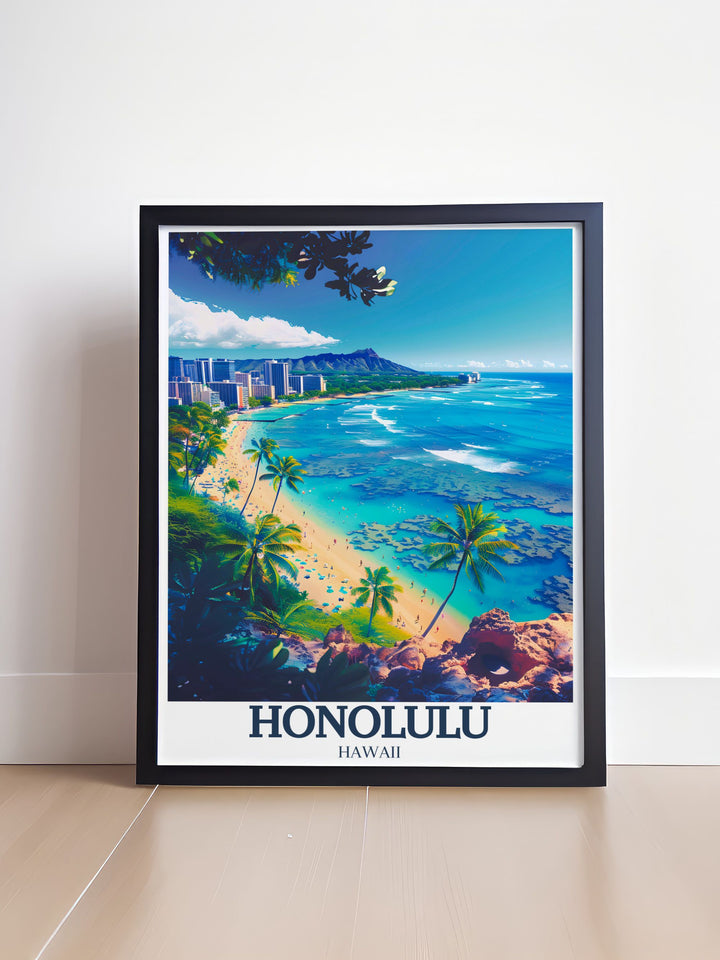 Modern wall decor showcasing the Aloha Tower in Honolulu, Hawaii, featuring its detailed architecture and historical significance. This print captures the elegance and maritime charm of the tower, bringing the beauty of Honolulu into your living space.