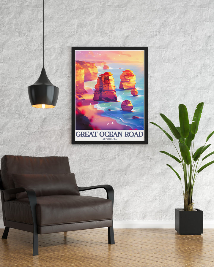 Experience the awe inspiring scenery of the Great Ocean Road with this travel poster featuring the iconic Twelve Apostles and the vast Southern Ocean. A perfect addition to any room, it makes a wonderful gift for travel lovers and those who dream of visiting Australia.