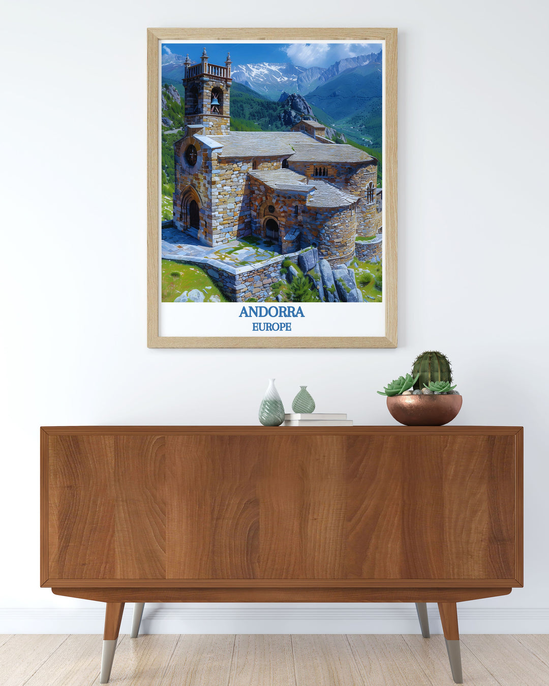 Travel poster highlighting the attractions of Andorra, including the famous Sant Joan de Caselles Church amidst snowy peaks.