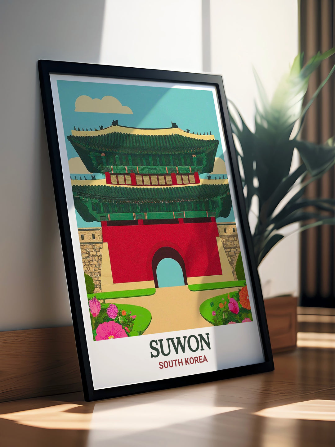 Paldalmun Gate, a significant part of Hwaseong Fortress in Suwon, is the focus of this South Korea travel print. The beautiful artwork adds a touch of history and elegance to any room, making it a standout piece of wall art.