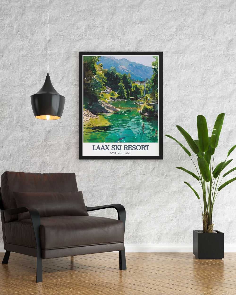 Flims Ski Poster highlighting the stunning landscapes of Lake Cauma and Rocksresort a perfect addition to any space that celebrates Switzerland skiing snowboarding and the majestic Swiss Alps an ideal wall decor for mountain and nature lovers.