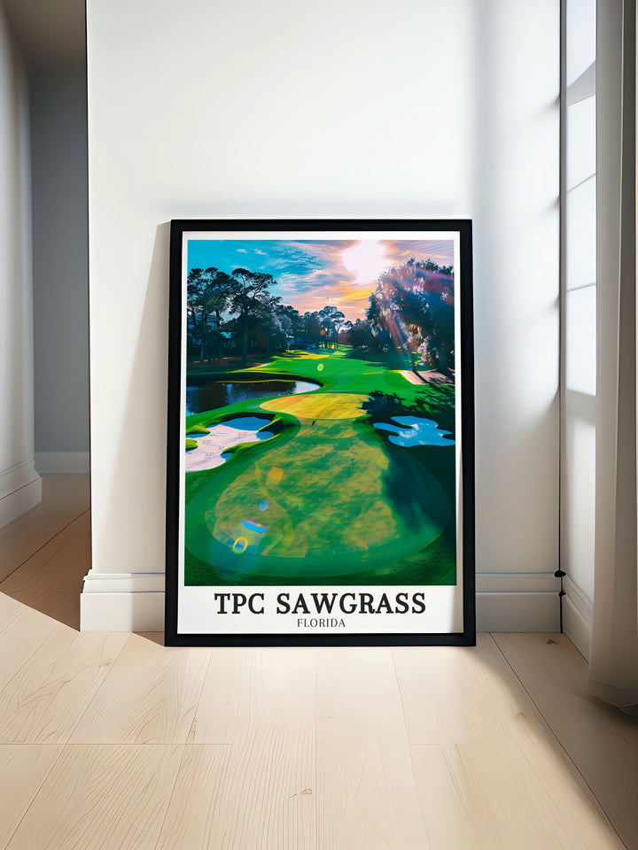 Stadium Course at TPC Sawgrass, with its world renowned layout, is captured beautifully in this artwork. The print emphasizes the courses dramatic design, making it a standout piece for any golf fan. Ideal for those who admire the complexity and beauty of golf, this artwork adds sophistication to any space.