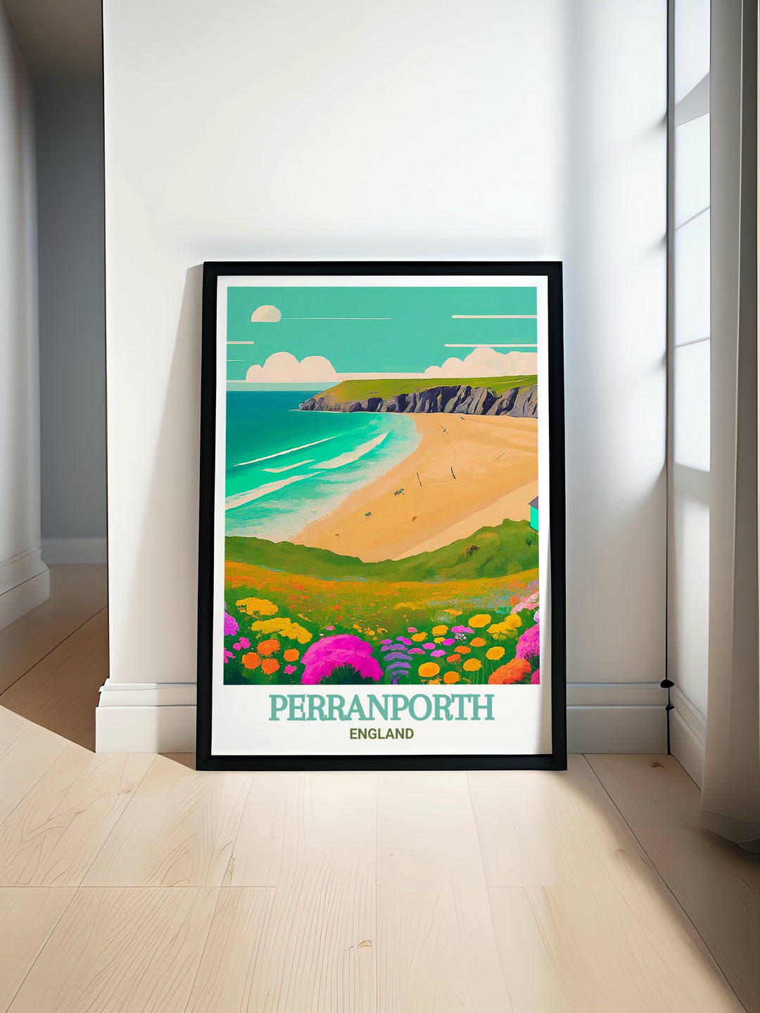 Scenic wall art of Perranporth Beach, featuring vibrant colors and detailed coastal landscapes of Perranporth in England. An exquisite addition to any decor. This print brings the tranquil beauty of the English coast into your home, providing a constant reminder of its natural charm.