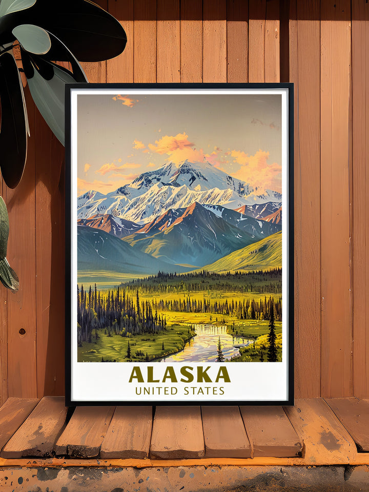 This Denali travel print brings the majestic beauty of Alaska into your living space. Featuring the towering mountains and serene landscapes of Denali National Park, its a perfect piece for anyone who loves nature, travel, and the wild spirit of Americas Last Frontier.