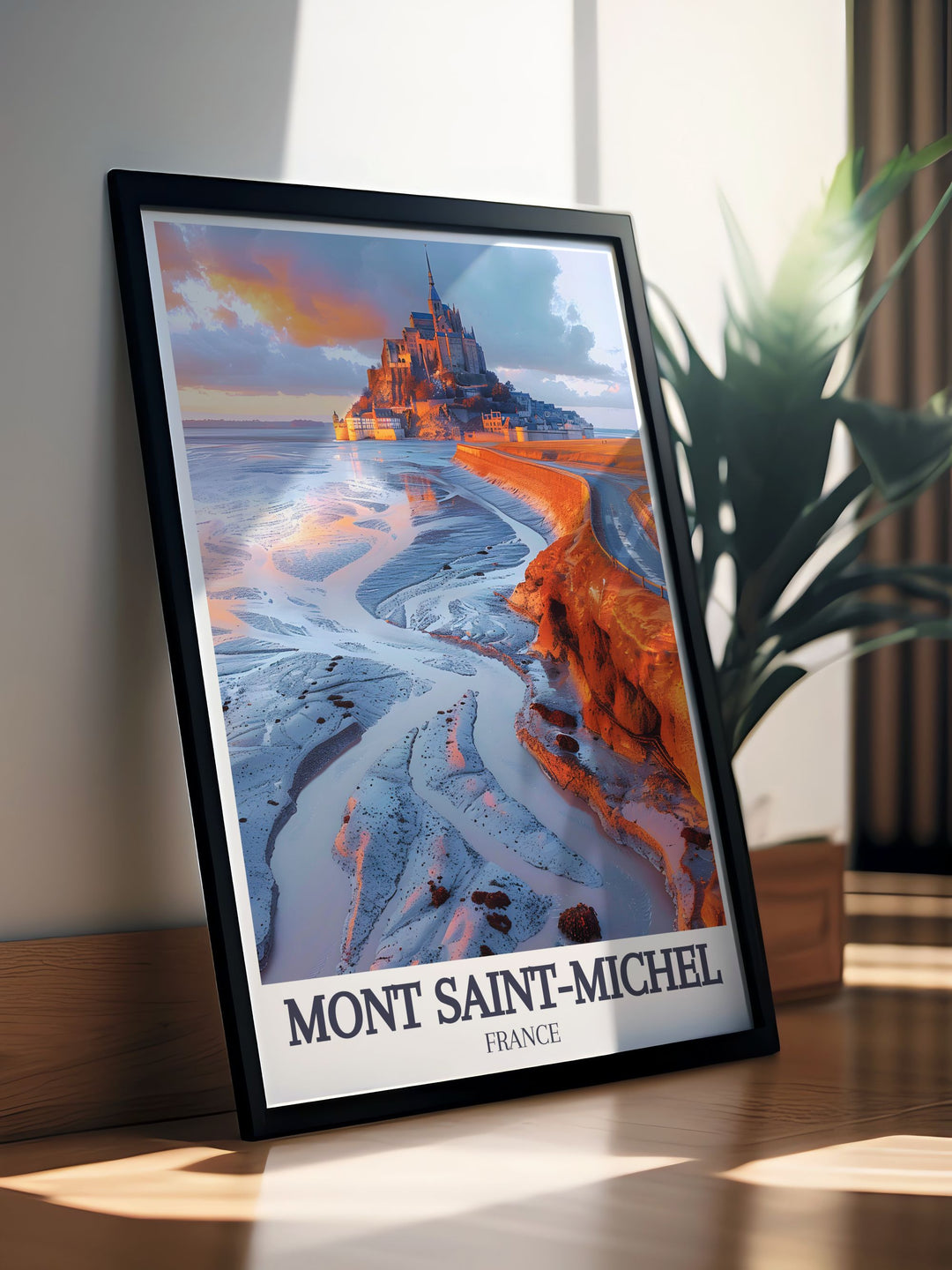 Elegant home decor with Mont Saint Michel artwork featuring the Normandy coastline The Causeway perfect wall decor for adding a touch of French charm to any room.