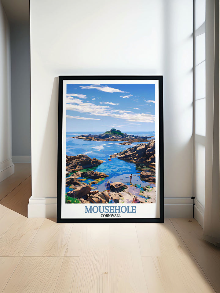 UK Travel Print featuring Mousehole and St. Clements Isle in Cornwall beautiful illustration capturing the charm of this coastal village perfect for home decor and as a gift for Cornwall lovers vibrant and detailed artwork ideal for any room