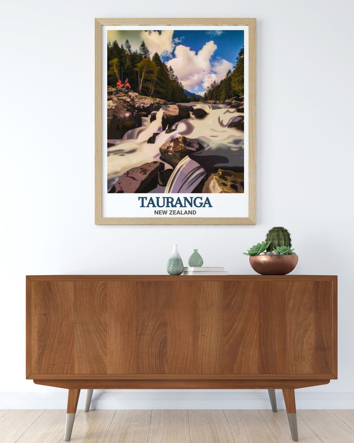 Framed New Zealand art of McLaren Falls Park designed to enhance your home decor with the vibrant colors and intricate details of Tauranga