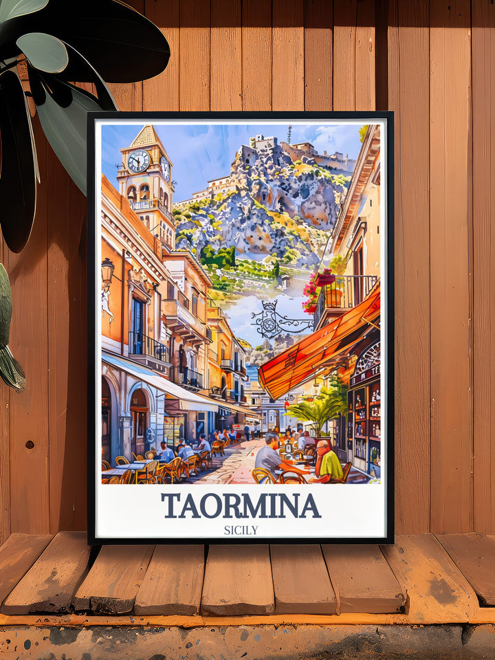 Elegant Taormina art print with Corso Umberto and Piazza IX Aprile. This Italy wall art provides a beautiful representation of Taorminas architectural and cultural highlights.