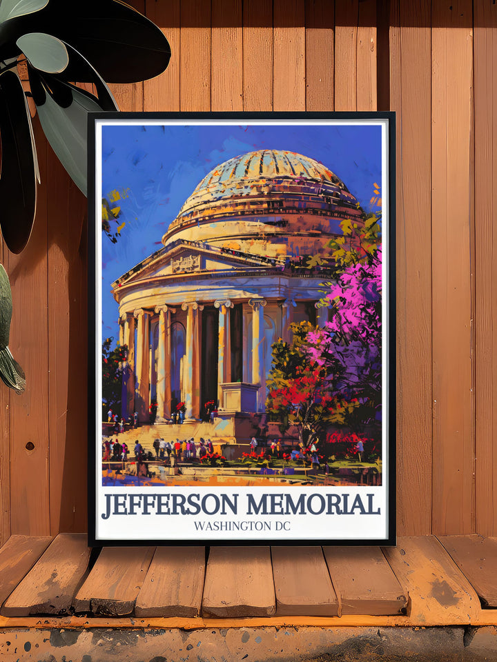 Highlighting the grandeur of the Jefferson Memorial and its neoclassical dome, this travel poster makes a striking addition to any home decor. The piece showcases Washington D.C.s historic architecture with a focus on the Grand Rotundas magnificent design.