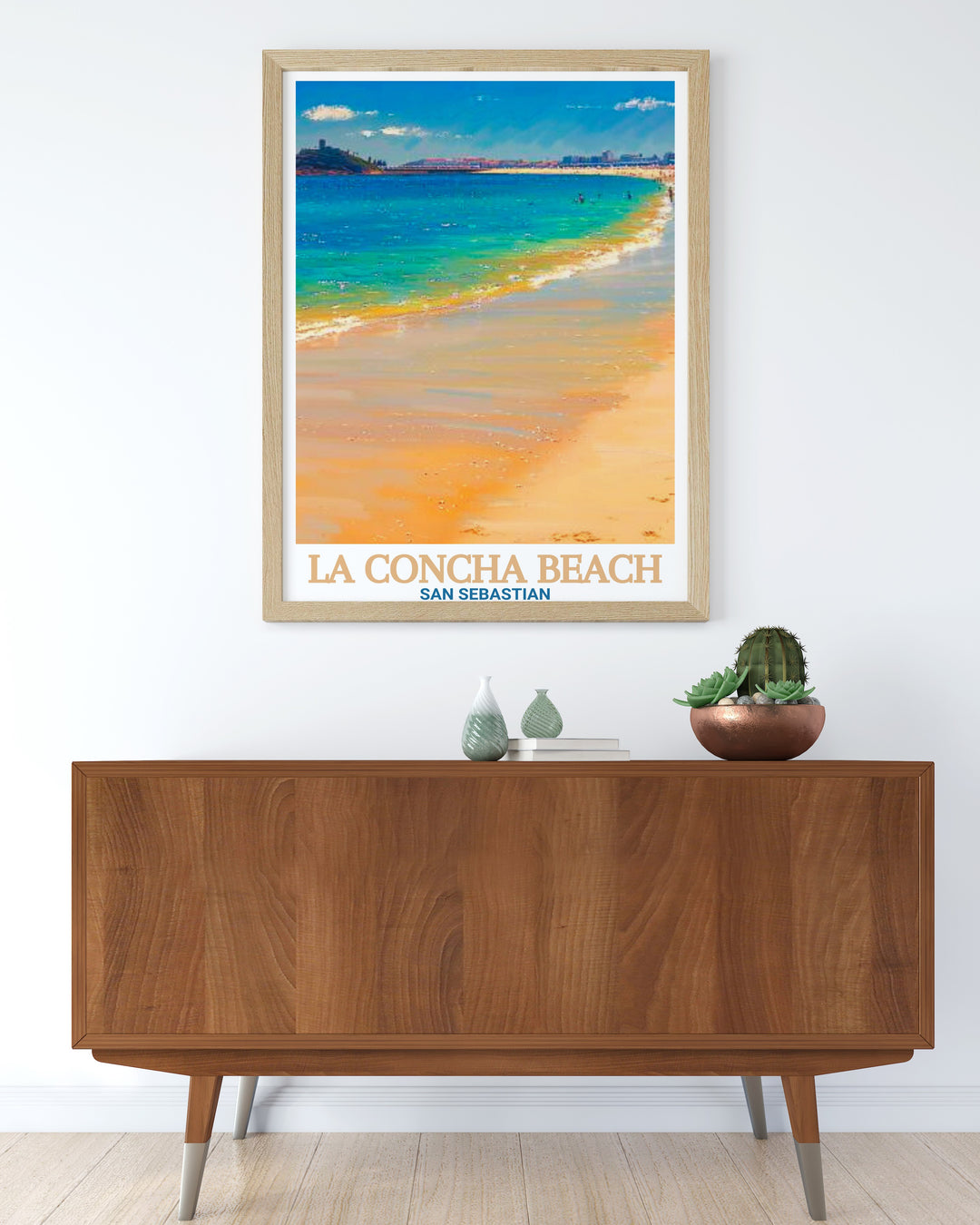 Spain travel poster featuring the serene La Concha Beach in San Sebastián. This wall art piece beautifully displays the gentle waves and sandy shores of Playa de La Concha, offering a perfect addition to any travel enthusiasts collection.