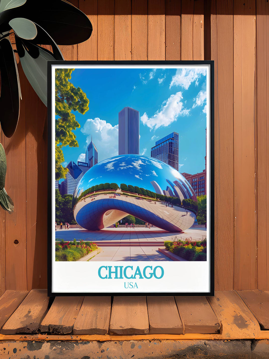 The Bean Cloud Gate vintage travel print highlighting the architectural brilliance of Chicagos beloved landmark. Perfect for those who appreciate the citys artistic spirit and want to bring a piece of Chicago into their home.