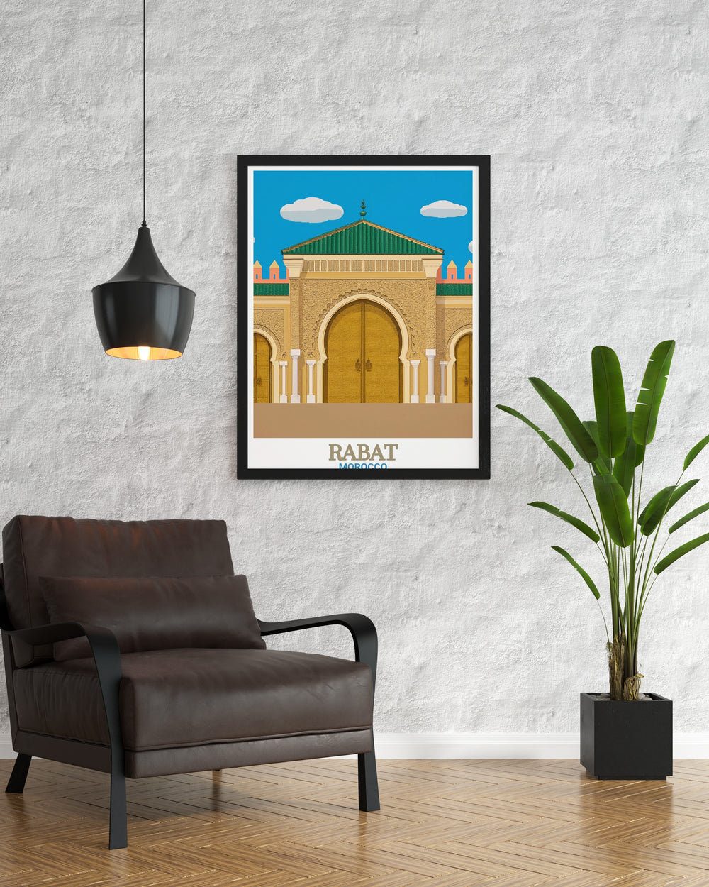 Beautiful Rabat Art Print highlighting the Royal Palace in vibrant colors a great addition to living room decor perfect for those who love modern prints and want to bring a piece of Moroccan heritage into their home