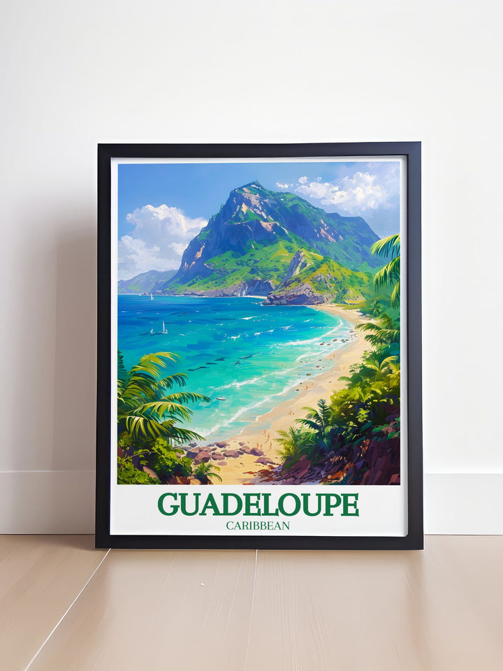 Highlighting the serene landscapes of Grand Anse beaches, this travel poster captures the tranquil atmosphere and stunning beauty of Guadeloupes coastline. Perfect for beach lovers, this artwork brings a touch of the Caribbean into your living space.