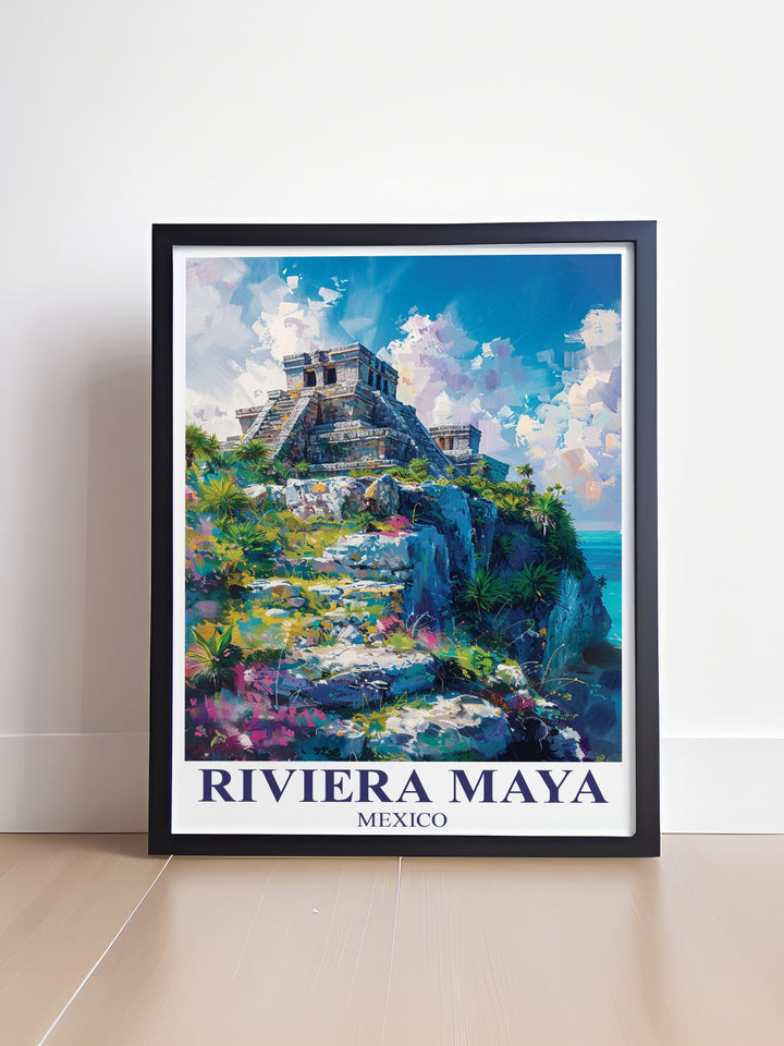 Experience the charm of the Riviera Maya with this detailed travel print. Featuring the ancient Tulum ruins and Mexicos azure waters, its ideal for beach inspired decor and those who love cultural travel art.