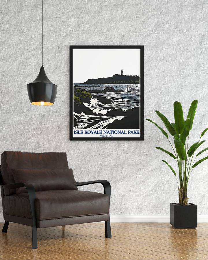 A stunning poster print featuring the breathtaking scenery of Isle Royale National Park. This artwork showcases the tranquil waters of Lake Superior alongside the rugged coastline, inviting viewers to immerse themselves in the natural beauty of this unique destination.