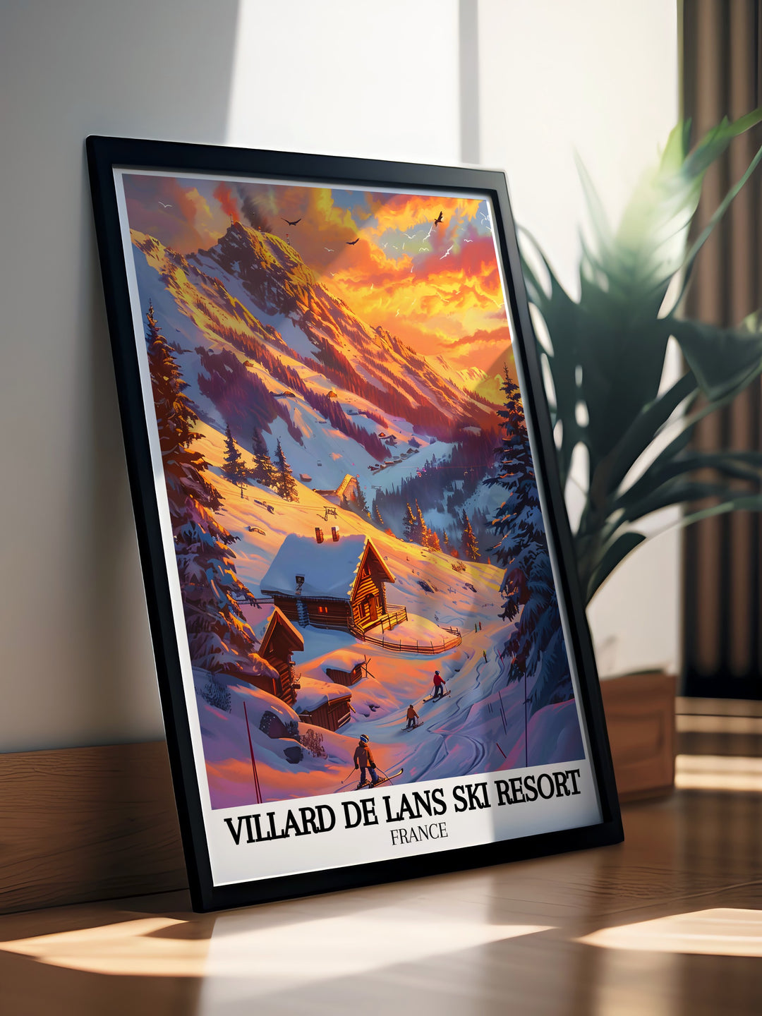 Villard de Lans village and the Grande Moucherolle peak are featured in this vintage travel print highlighting the scenic charm of the French Alps perfect for skiers snowboarders and art lovers looking to elevate their home decor.