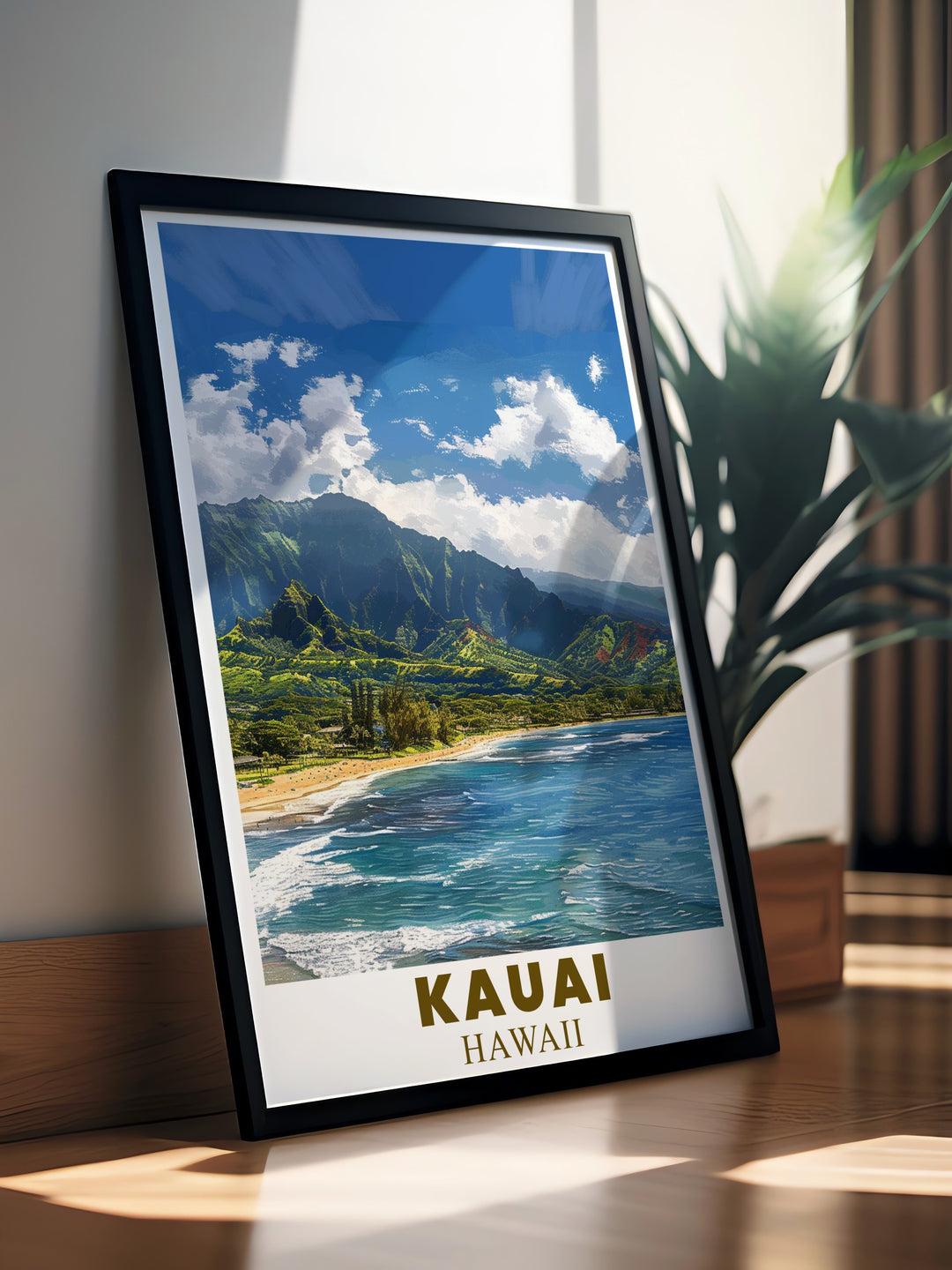 Elevate your decor with this detailed Kauai poster. Showcasing Hanalei Bay in vibrant colors, it is perfect for creating a relaxing, tropical atmosphere in your home. Ideal for anyone who loves Hawaii and coastal landscapes.