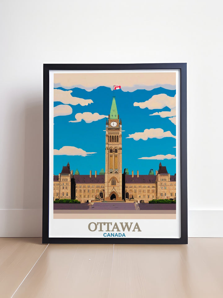 Parliament Hill wall art in a stunning Ottawa Painting. This artwork captures the intricate details of Parliament Hills architecture and the surrounding cityscape making it a great addition to any art collection or home gallery.