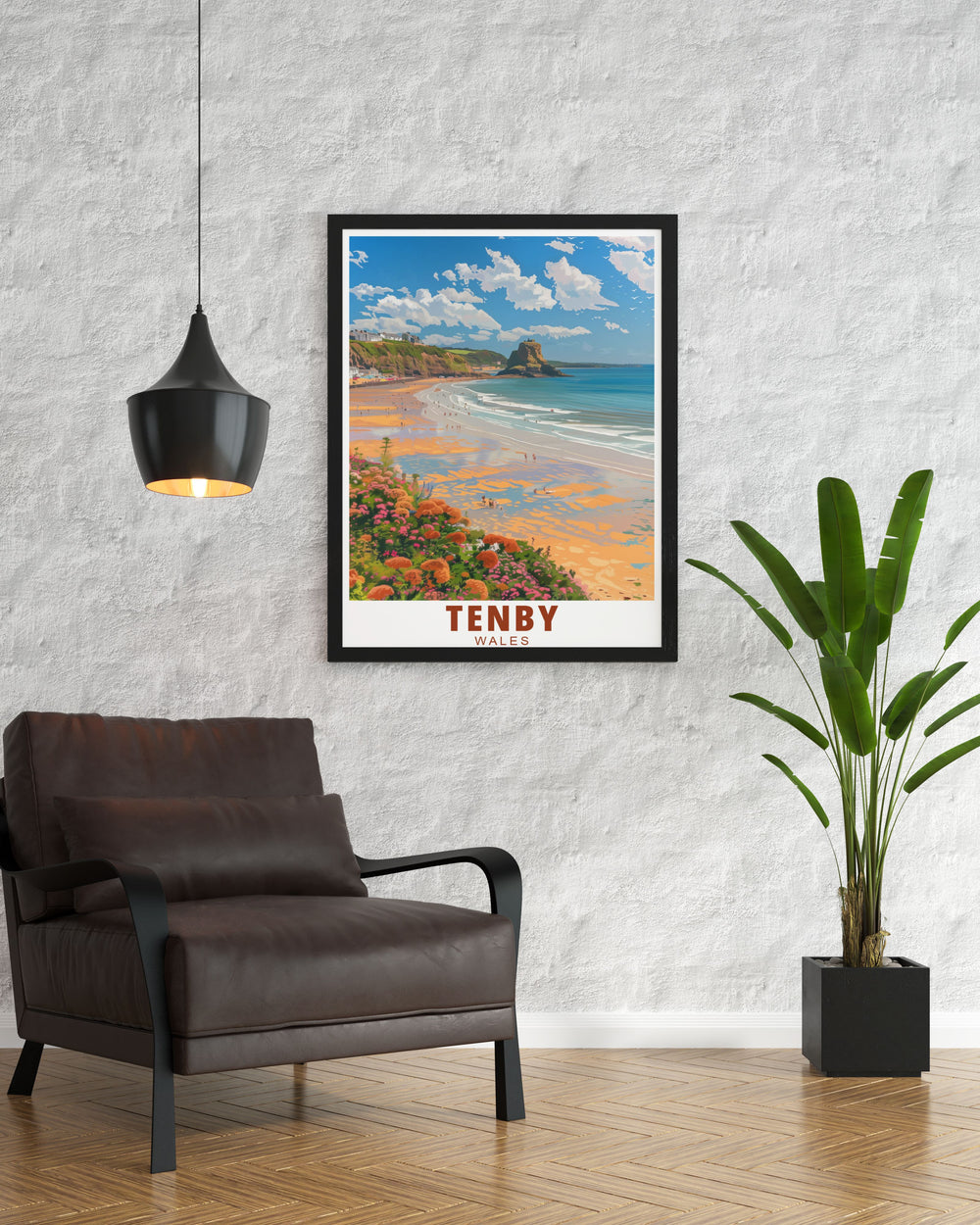 Tenby North Beach art deco print showcasing the serene waters and golden sands of the Pembrokeshire Coast. This stunning artwork makes a beautiful addition to any room capturing the elegance and tranquility of this famous South Wales seaside.