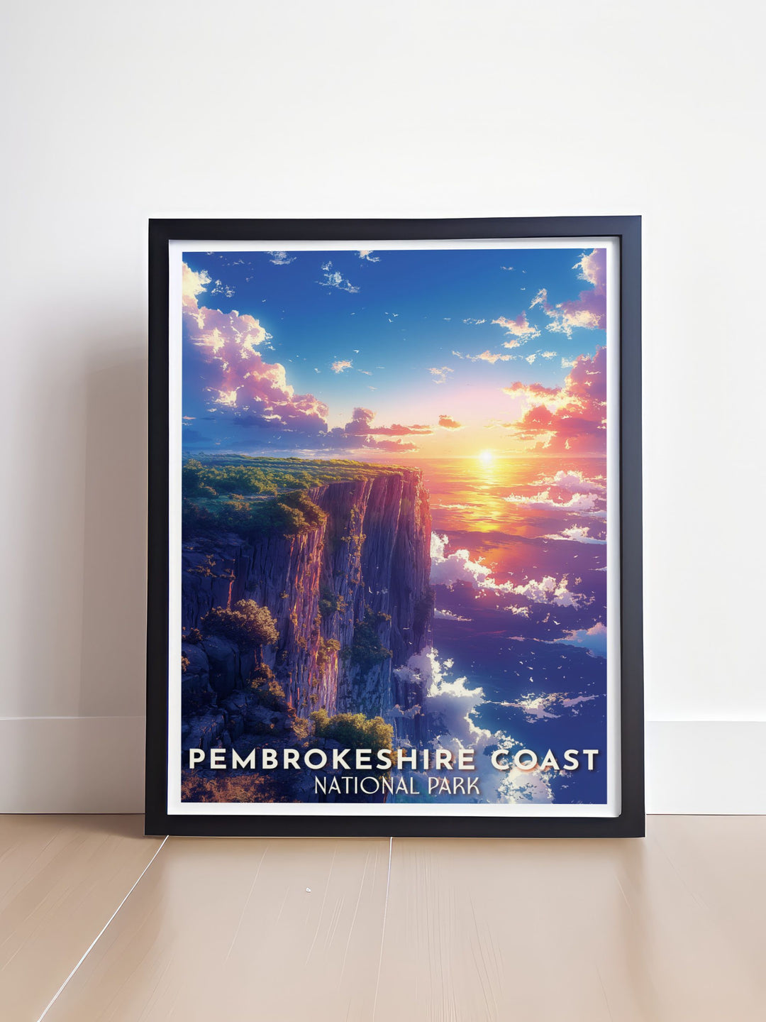 Cliff gifts featuring the stunning Pembrokeshire Coast in Wales with retro travel poster design ideal for birthdays anniversaries or special occasions providing a timeless piece of wall art for any nature or travel lover.