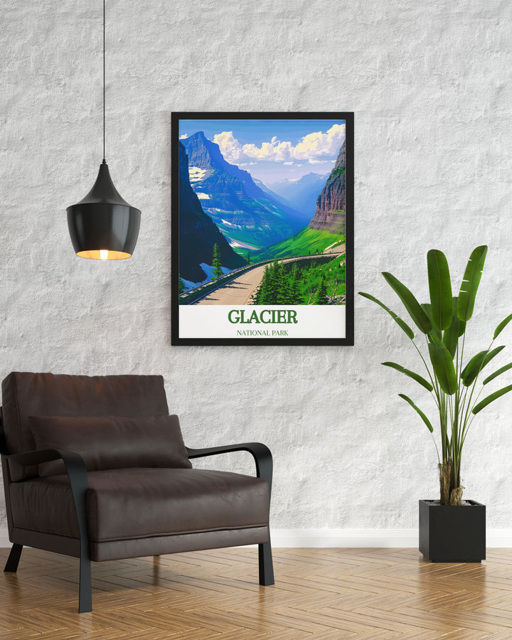 Showcasing the picturesque views of Going to the Sun Road, this poster is perfect for anyone who loves scenic drives and natural landscapes. The detailed illustrations highlight the roads iconic vistas, bringing a piece of Glacier National Parks adventure into your home.
