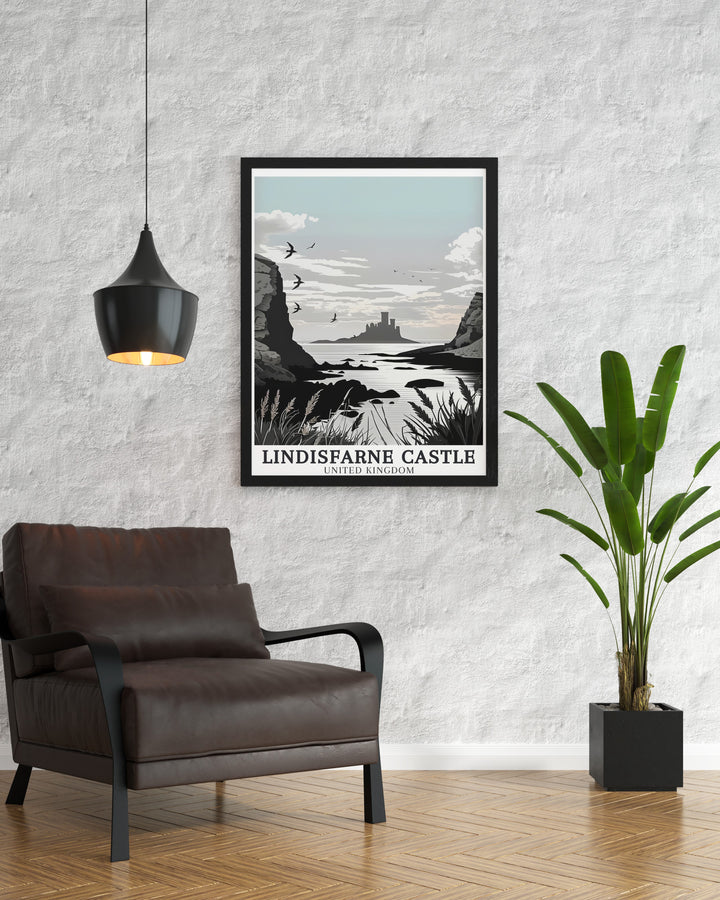 Northumberland Coastal Art featuring Lindisfarne Castle as the centerpiece, surrounded by the natural beauty of the North Sea and the rolling hills of Holy Island. This artwork is a must have for anyone who loves British coastal landscapes and historic sites.