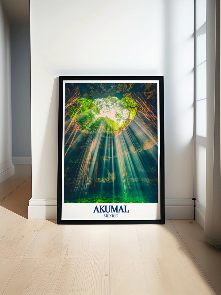 Fine line print of Akumal showcasing vibrant colors and intricate details of Cenote Laguna Yal Ku perfect for modern home decor and unique gifts