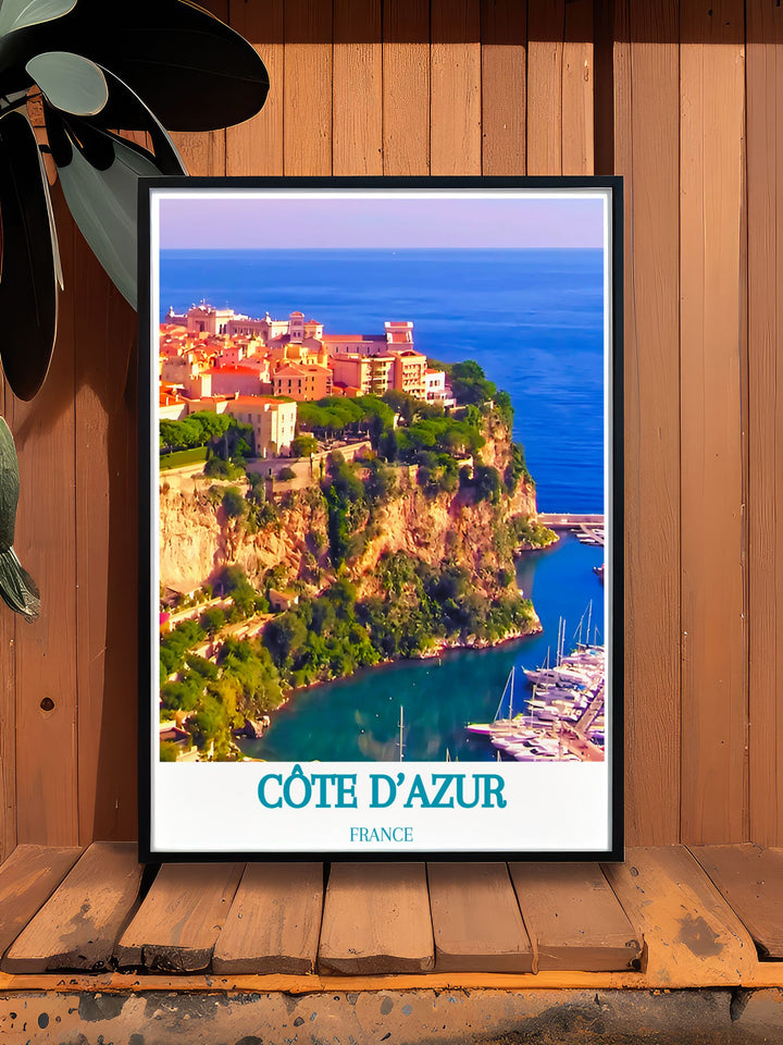 Vintage poster of the French Riviera, featuring the iconic Le Rocher and its majestic views. This piece highlights the timeless beauty of the Côte dAzur, with the Princes Palace and the azure waters of the Mediterranean, evoking the charm of the French coastal heritage.