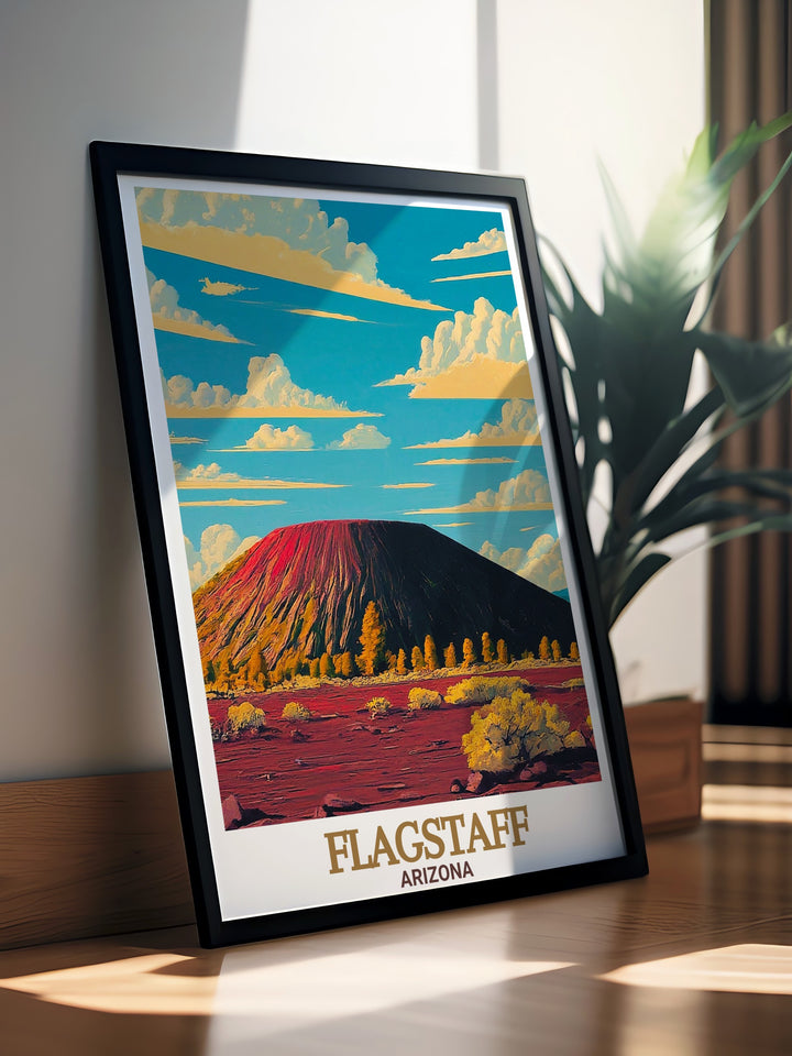 Sunset Crater canvas art captures the contrast between rugged lava fields and the resilient desert ecosystem that thrives in Arizonas volcanic landscape. This travel print offers a unique window into the forces of nature that shaped the region.