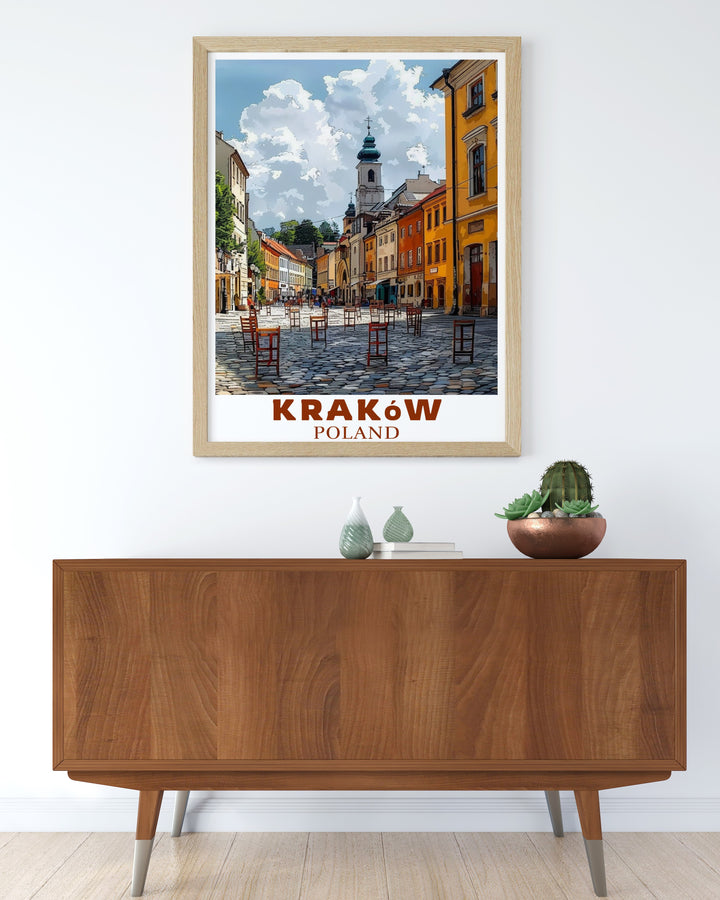 Bring the essence of Krakows Jewish Quarter into your home with this travel print. The detailed illustration of the historic district captures the spirit of Poland, making it a great addition to any space or a perfect gift for travel enthusiasts.