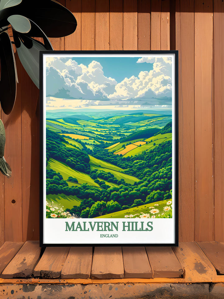 Add a touch of sophistication with Great Malvern Priory stunning prints featuring views of the Malvern Hills AONB and the scenic Severn Valley perfect for home decor enthusiasts who value elegant and historical UK countryside art in vintage travel print style