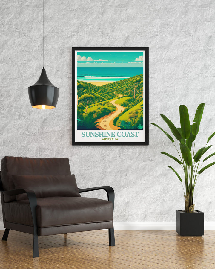 Noosa National Park is depicted in this stunning Australia travel poster, offering a glimpse of its rugged cliffs, peaceful beaches, and diverse wildlife. An excellent addition to any home, this artwork captures the spirit of the Sunshine Coast.