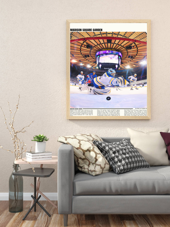 Vintage NHL Print of New York Rangers players Jacob Trouba Filip Chytil Jimmy Vesey and Ryan Lindgren a must have for any fan adding Madison Square Garden legacy to their space