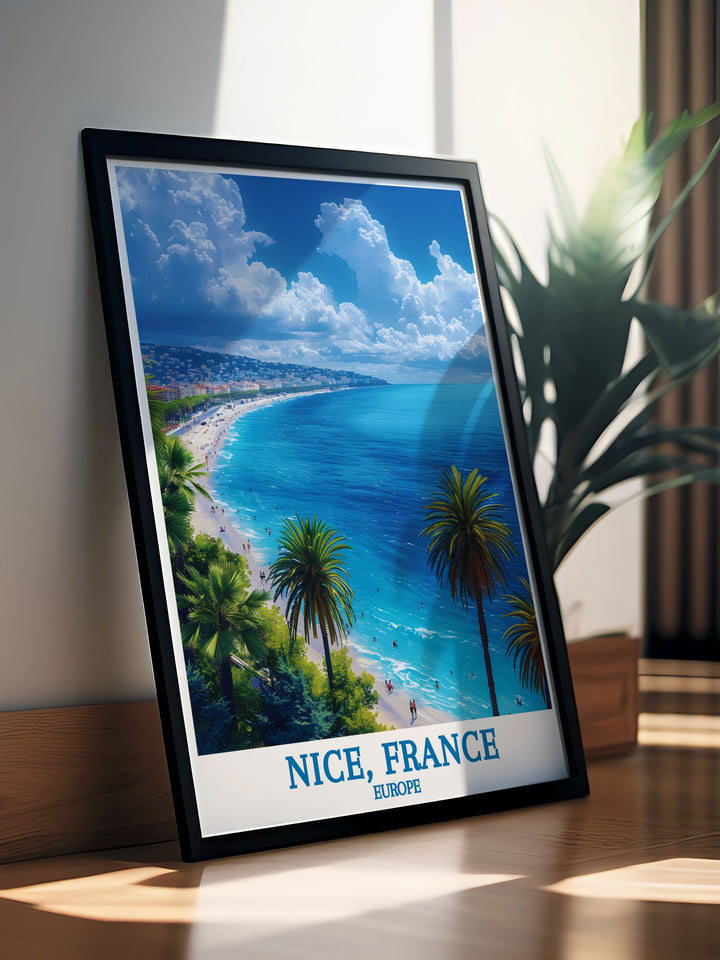 This travel poster captures the scenic view of Promenade des Anglais in Nice, France, showcasing the elegant seafront boulevard and the azure Mediterranean waters, perfect for adding a touch of French Riviera charm to your home decor.
