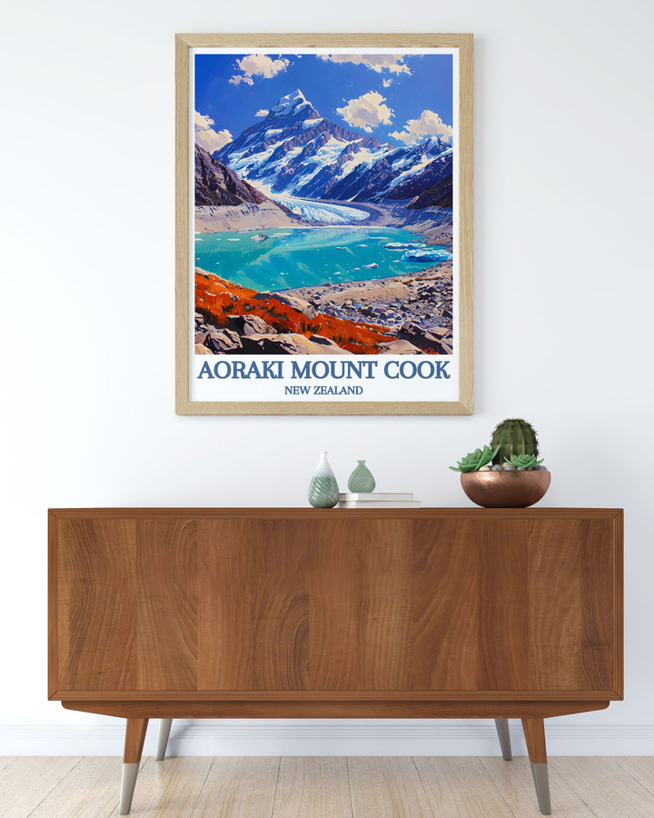 Wall decor featuring the serene blue waters of Lake Pukaki with Aoraki Mount Cook looming in the distance, ideal for bringing a touch of New Zealands wilderness indoors.