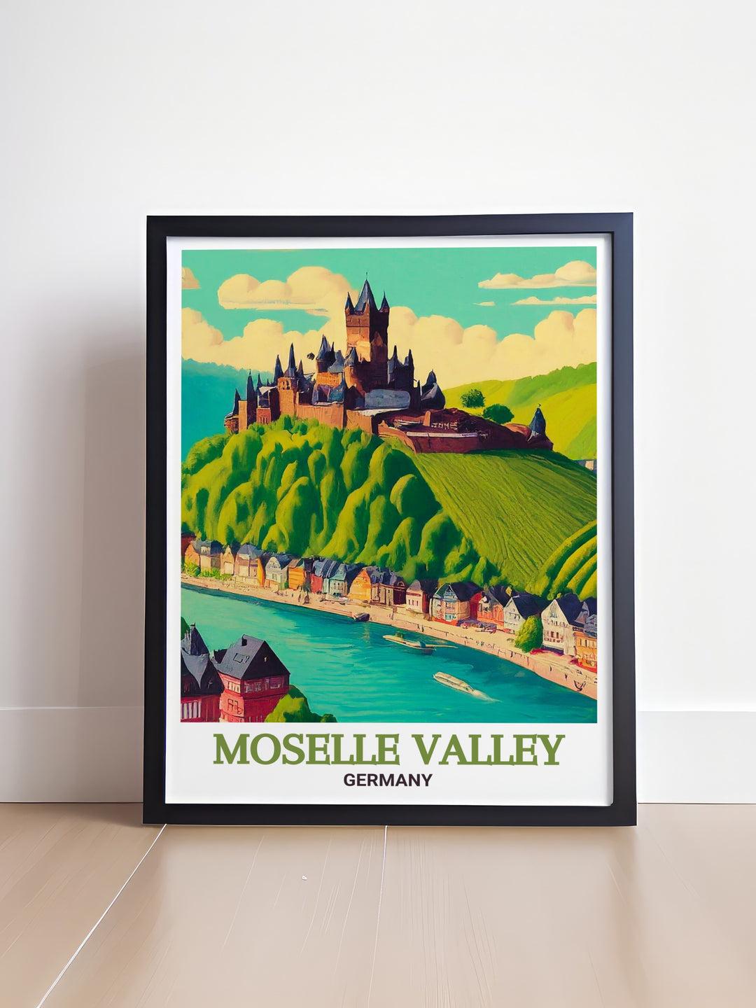 Moselle Valley art print with a detailed depiction of Cochem Castle offers a stunning view of Germanys scenic landscape. This artwork makes a wonderful gift for anyone who loves travel and history or wants to enhance their home with timeless decor.