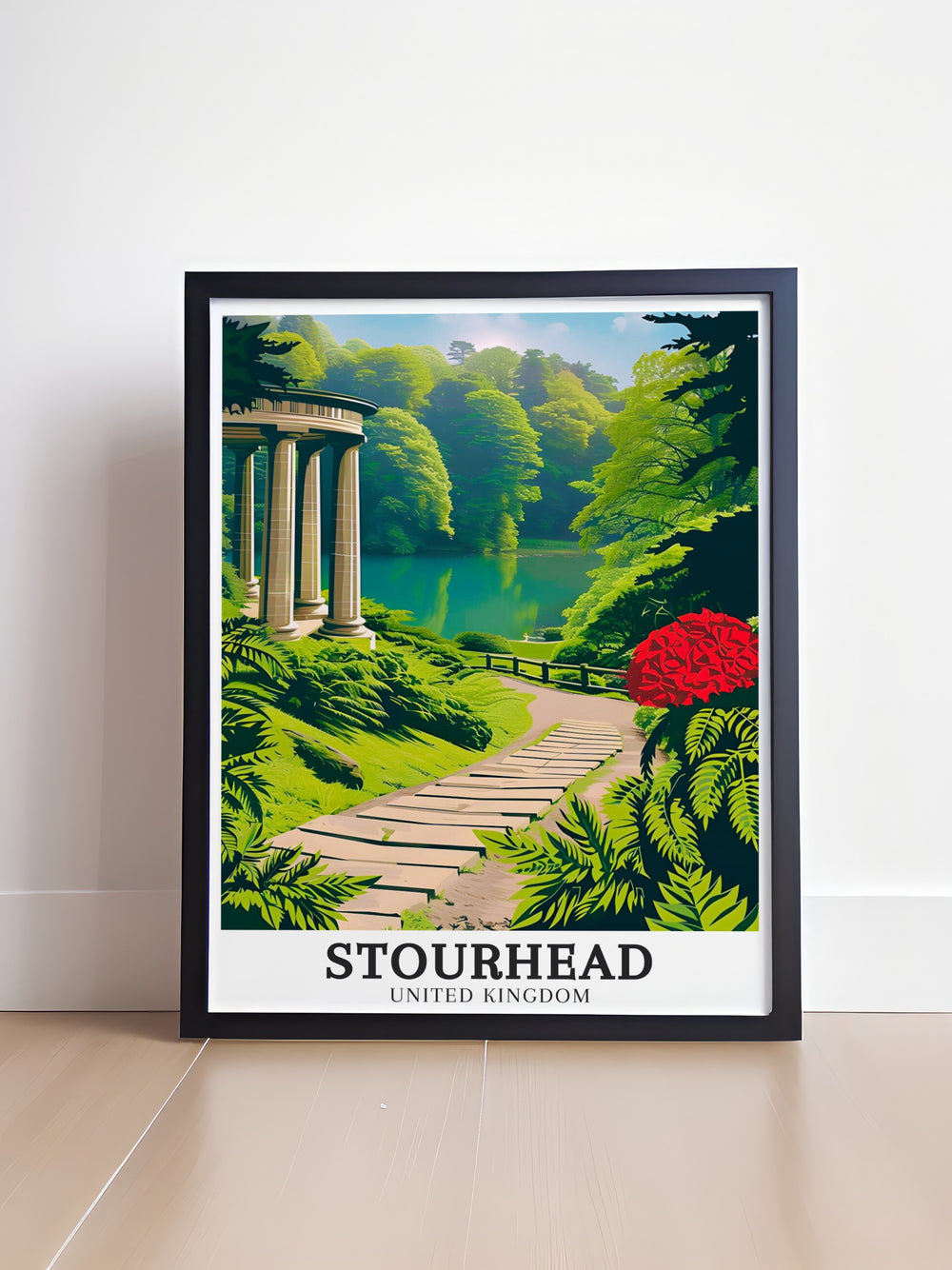 Temple of Apollo Framed Art from Stourhead Gardens, highlighting the majestic classical structure amidst a meticulously designed landscape, offering a blend of nature and architecture.