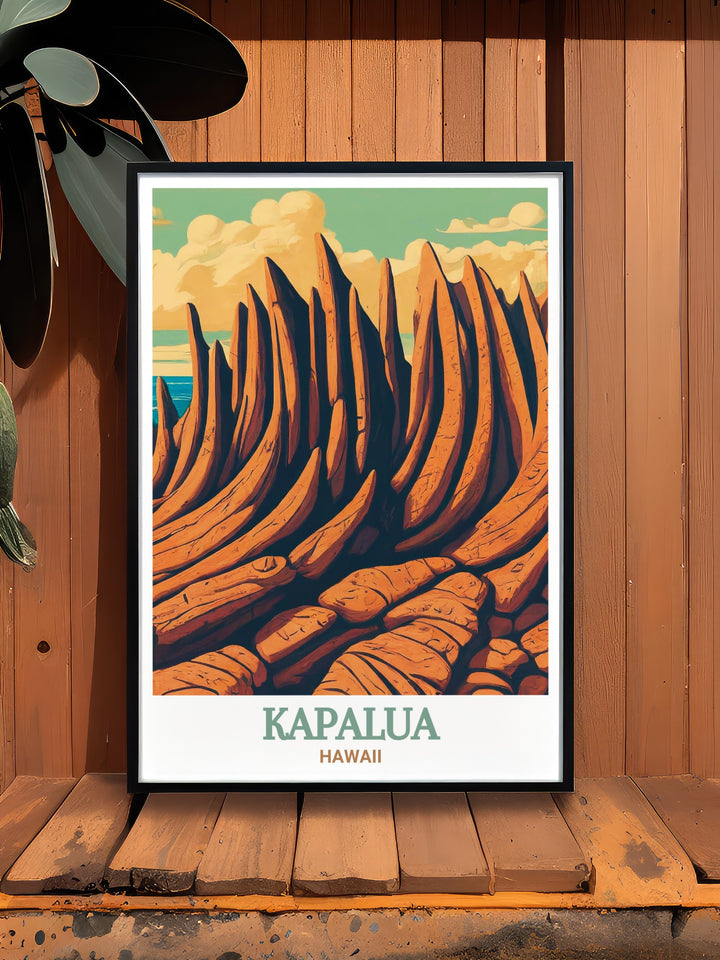 Modern prints of Kapalua golf course and Dragons Teeth capture the serene landscape of Hawaii this artwork is perfect for adding elegance to your living room decor offering a timeless design that resonates with the beauty of the islands ideal for art lovers and gift givers