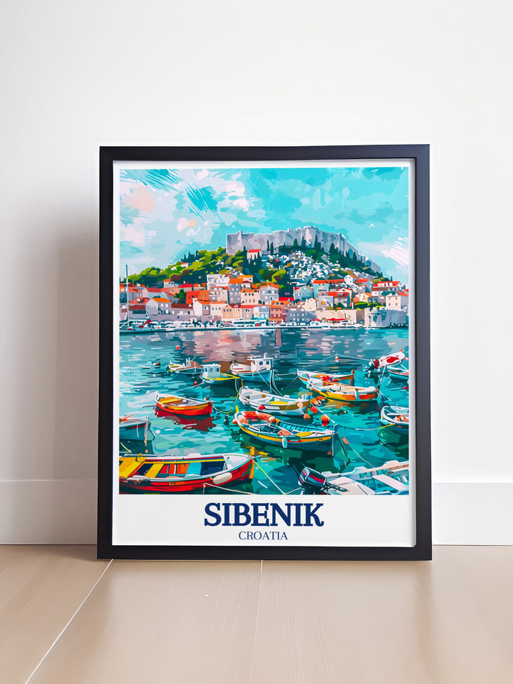 This travel poster captures the stunning views of Sibenik Harbor and St. Michaels Fortress in Croatia. Perfect for those who love European coastal towns, this print brings the beauty of Sibenik into your home. The detailed artwork is ideal for travel enthusiasts and lovers of Croatian history.