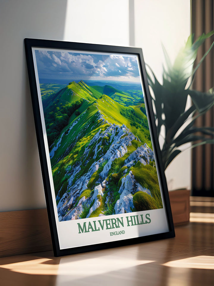 Great Malvern Priory modern prints showcasing the picturesque beauty of the Malvern Hills AONB a stunning addition to your home decor that captures the timeless appeal of the UK countryside with views of Worcestershire Herefordshire and Gloucestershire in an elegant framed print format