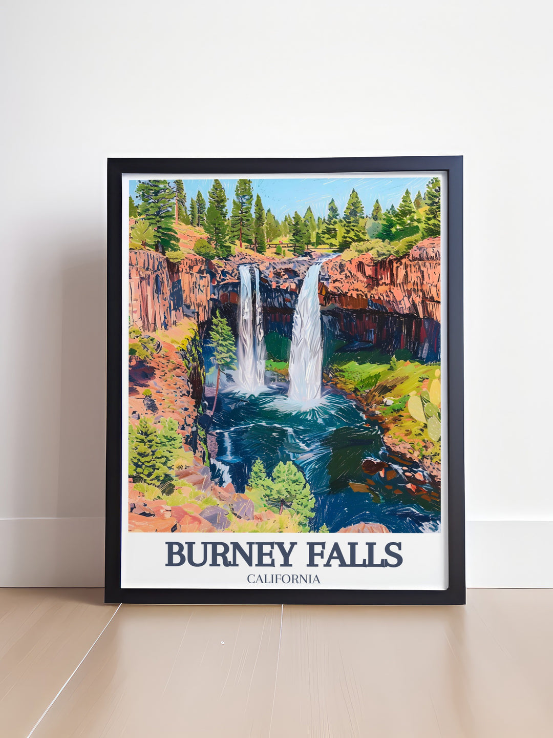 This Burney Falls Artwork from Pacific Crest Trail in California is an excellent piece of California travel art that enhances any living space offering a calming view of the waterfall surrounded by lush greenery and tranquil settings.