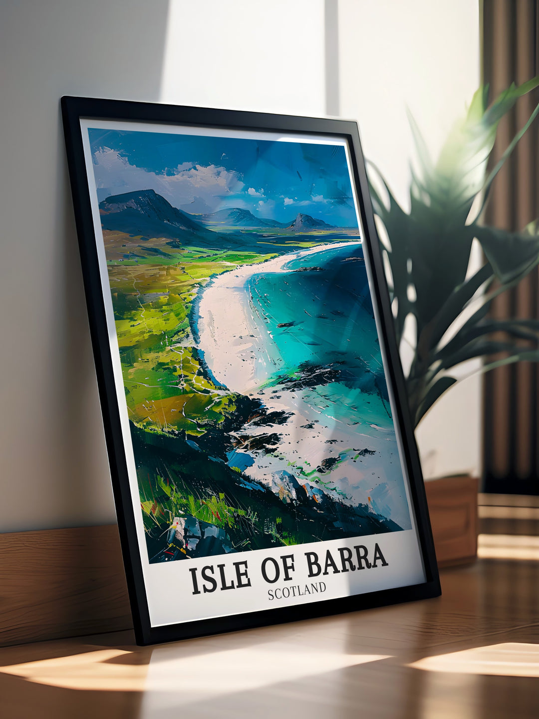 Vatersay Beach on the Isle of Barra is the centerpiece of this travel poster, showcasing the unspoiled beauty of Scotlands Outer Hebrides. With its white sand beaches and rugged terrain, this wall art celebrates the serene and wild essence of the Hebrides, making it perfect for beach lovers.