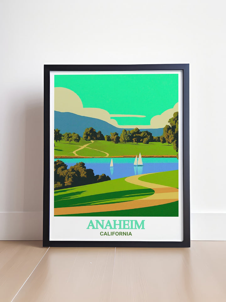 a framed poster of a scenic view of a lake