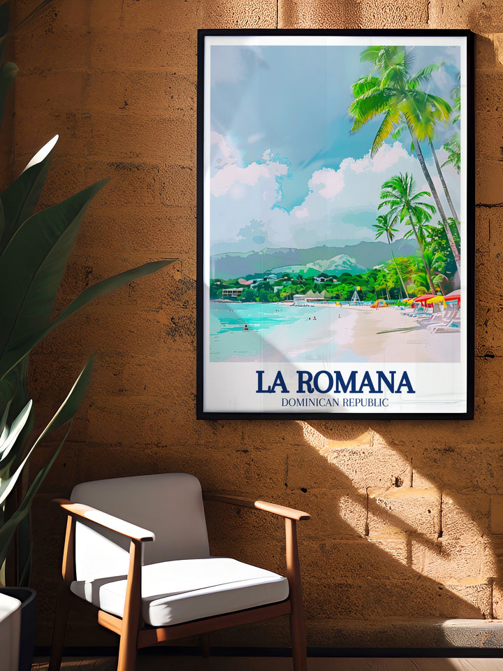 Bring a tropical vibe to your home with this Saona Island poster. Featuring the calm, turquoise waters of the Caribbean Sea near La Romana, this artwork will enhance any room with a touch of island paradise. Perfect for creating a relaxing, beachy atmosphere.