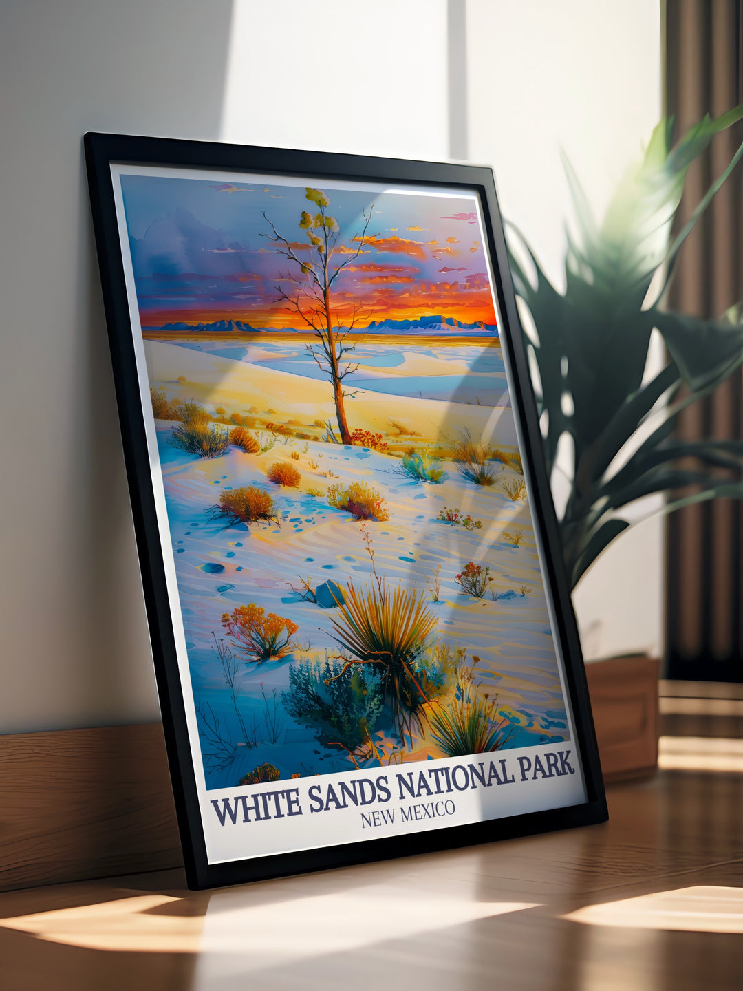 Modern art print of White Sands featuring the striking San Andres Mountains and the scenic Chihuahuan Desert a perfect national park gift for anyone who appreciates nature and contemporary home decor adding a touch of elegance to any room.