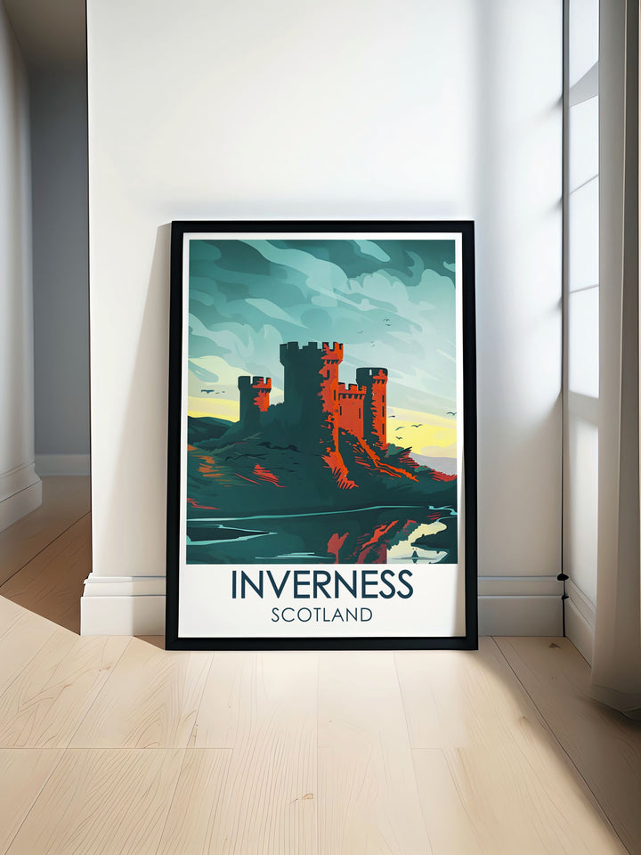 A detailed travel poster of Inverness Castle, showcasing its impressive 19th century architecture, set against the lush, green landscape of the River Ness, capturing the essence of Scottish history and natural beauty.