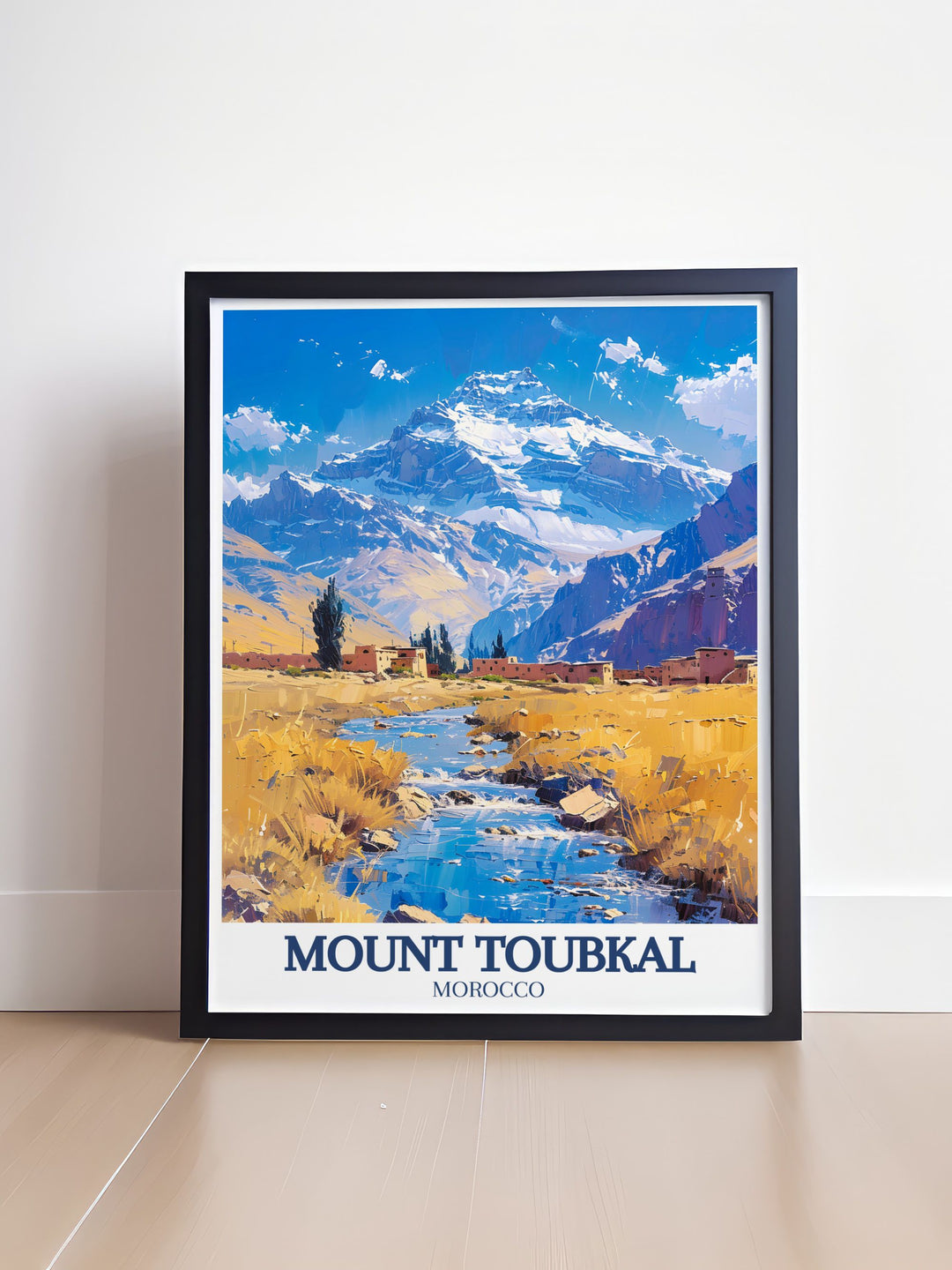 Elegant High Atlas mountains artwork showcasing the timeless beauty of Mount Toubkal and surrounding landscapes perfect for any room and a great gift for adventurers and lovers of natural wonders.
