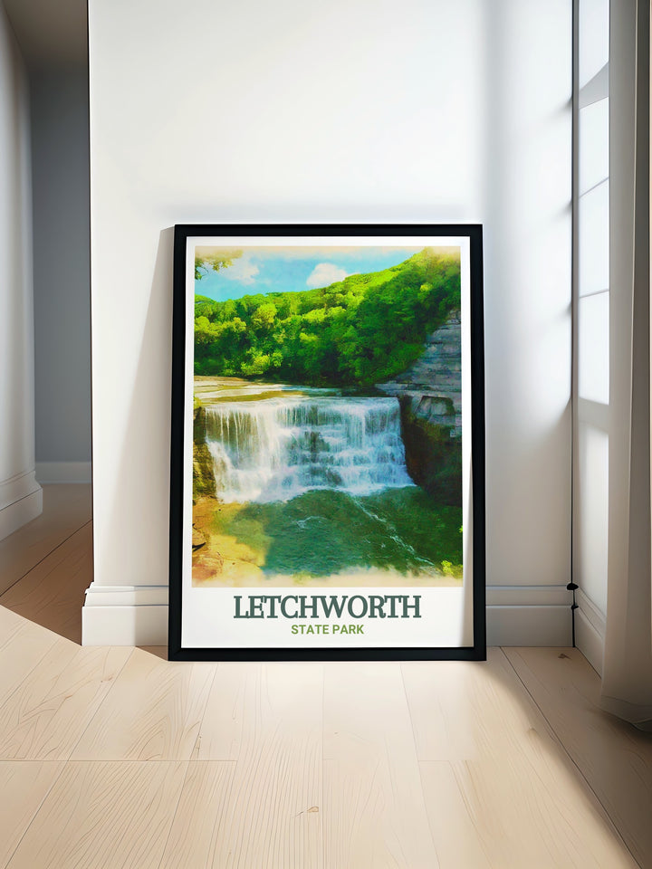 Lower Falls travel poster, showcasing the powerful landscapes and natural beauty of this unique landmark in Letchworth State Park. This print captures the essence of Lower Falls charm, perfect for enhancing your home decor with a touch of scenic splendor.