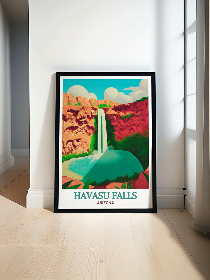 Arizona wall print featuring Havasu Falls, highlighting the contrast between the vibrant waters and the rugged cliffs. This artwork is ideal for adding a touch of natures majesty to your home.